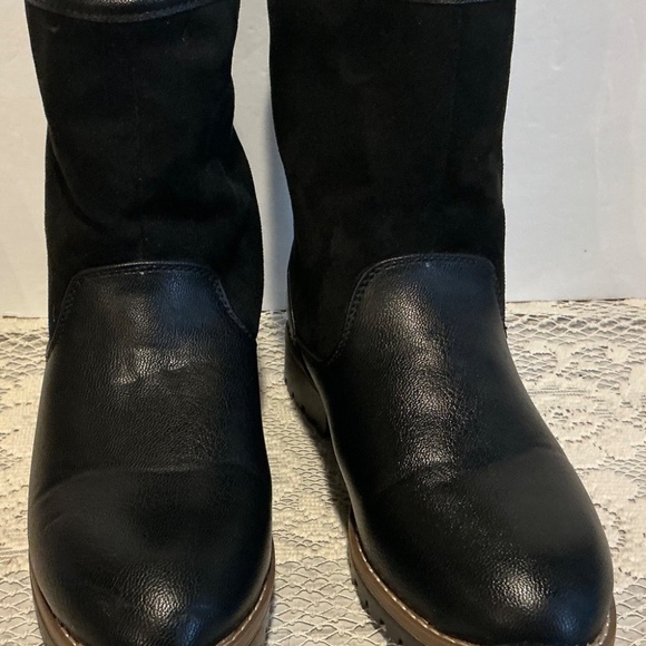 Nautical Women’s 6.5 BootsmBlack Leather Suede Chunky Heels Sherpa Lining Combat - Picture 5 of 11